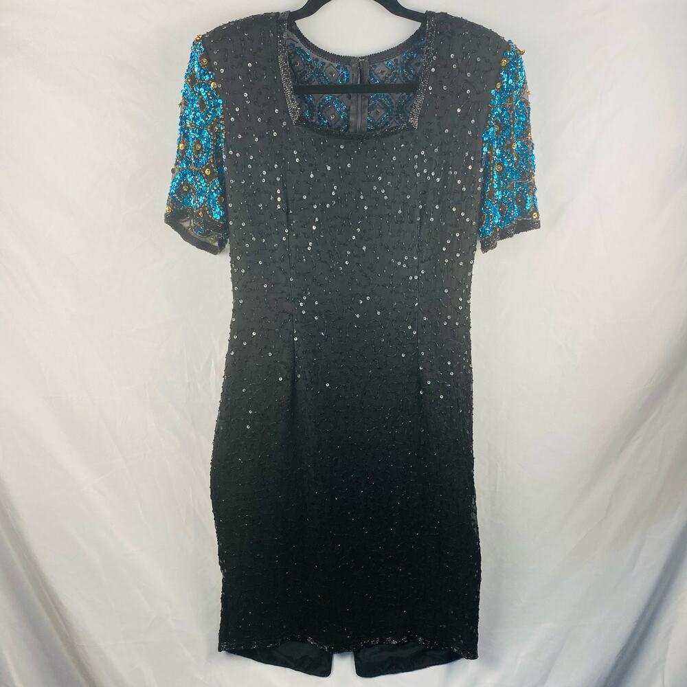Vintage Stenay Silk Sequin‎ Black Blue Cocktail Holiday Party Dress Size 4